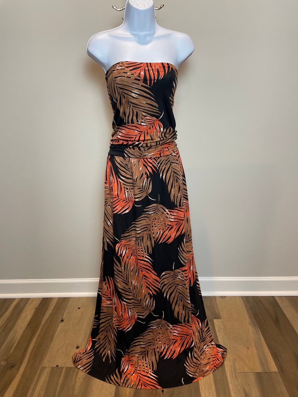 Lascana for Venus Strapless Tropical Leaf Maxi Dress Size XL Black Tan Orange